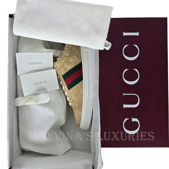 NEW Gucci ACE GG Bees Supreme Canvas Sneakers Beige Leather  GUCCI SNEAKERS ACE GG LOGO SUEDE SHEARLING WEB STRIPE SHOES sz 39.5 9.5